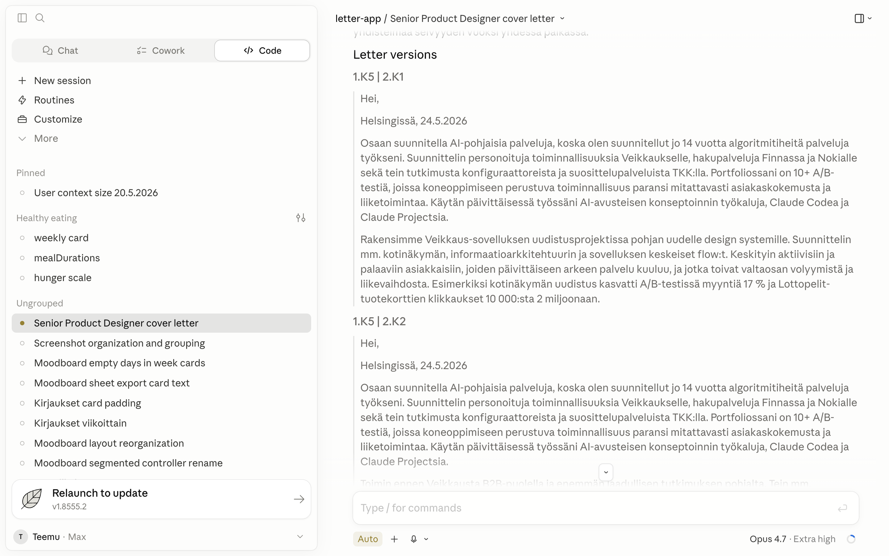 A Claude Code session running the agentic cover-letter workflow